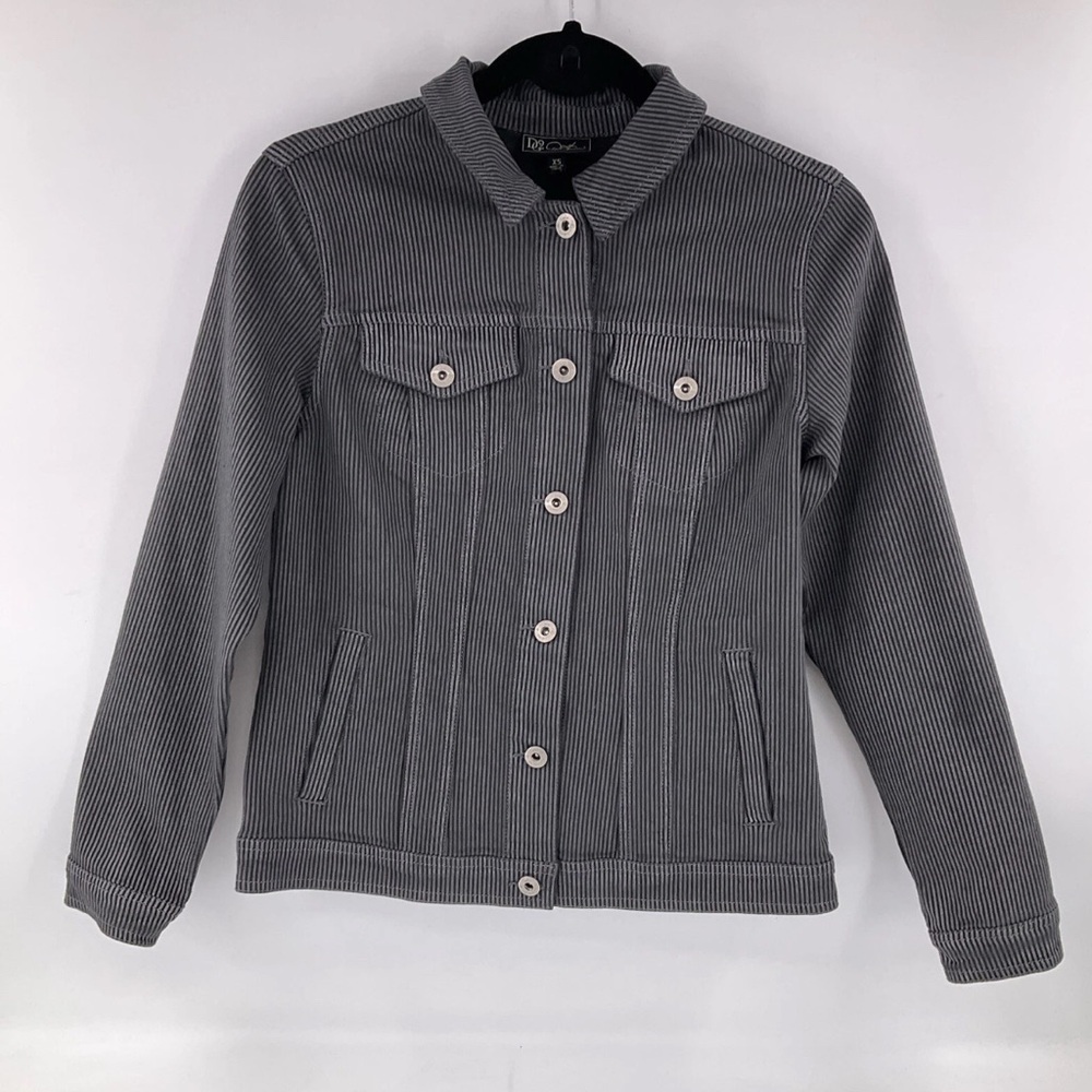 DG2 Diane Gilman Denim Jacket Fashion Chambray Gray Black Stripe M NWOT
